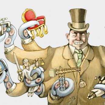 Cartoon of businessman using tentacles to hold various objects