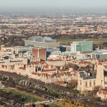 Aerial view of UChicago's Hyde Park campus and the surrounding community