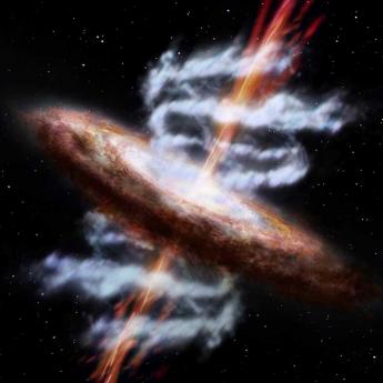 An artist’s conception of a supermassive black hole at the center of a galaxy that is spewing out jets as well as via ultra-fast outflows of ionized gas.