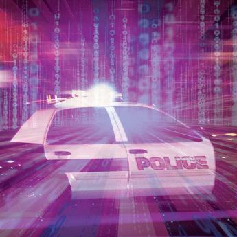 Illustration of a police car with data symbols overlayed