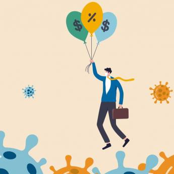 Illustration depicting a man traveling over the COVID-19 virus on a balloon powered by interest rates and inflation
