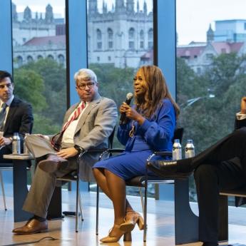 Guardian democracy reporter Sam Levine, Georgia election official Gabriel Sterling, Nevada Attorney General Aaron D. Ford and Black Voters Matter founder LaTosha Brown at the CPOST event. 