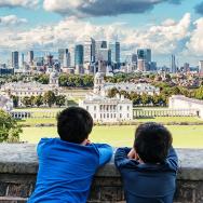 Children look out at city