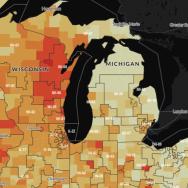 A heat map as of Oct. 30, showing confirmed cases of COVID-19 per 100,000 people, with darker colors indicating higher case counts.