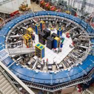 Overhead photo of large accelerator ring with equipment