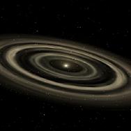 Artist illustration of a bright star surrounded by rings of slowly differentiating material
