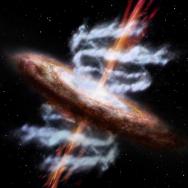 An artist’s conception of a supermassive black hole at the center of a galaxy that is spewing out jets as well as via ultra-fast outflows of ionized gas.