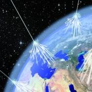 Illustration of cosmic rays making contact with Earth