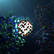 Molecule being formed from blue, green, and red atoms